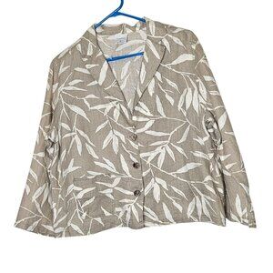 Click CMC Beige White Leaf Print Linen Button Blazer‎ Jacket USA L Lagenlook